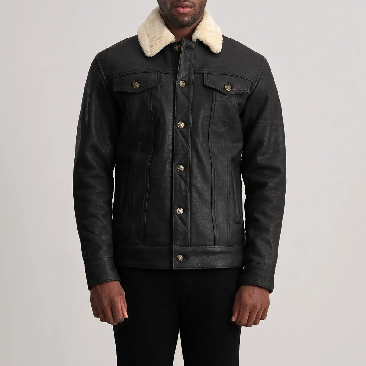 Dallis Tumbled Black Shearling Trucker Jacket in Distressed Black Sheepskin Snuffed - Vista frontale e linea su misura | Acquista online
