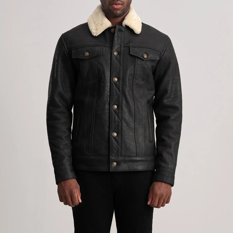 Dallis Effetto Usurato Nero Leather Shearling Trucker Giacca in Pelle da Uomo