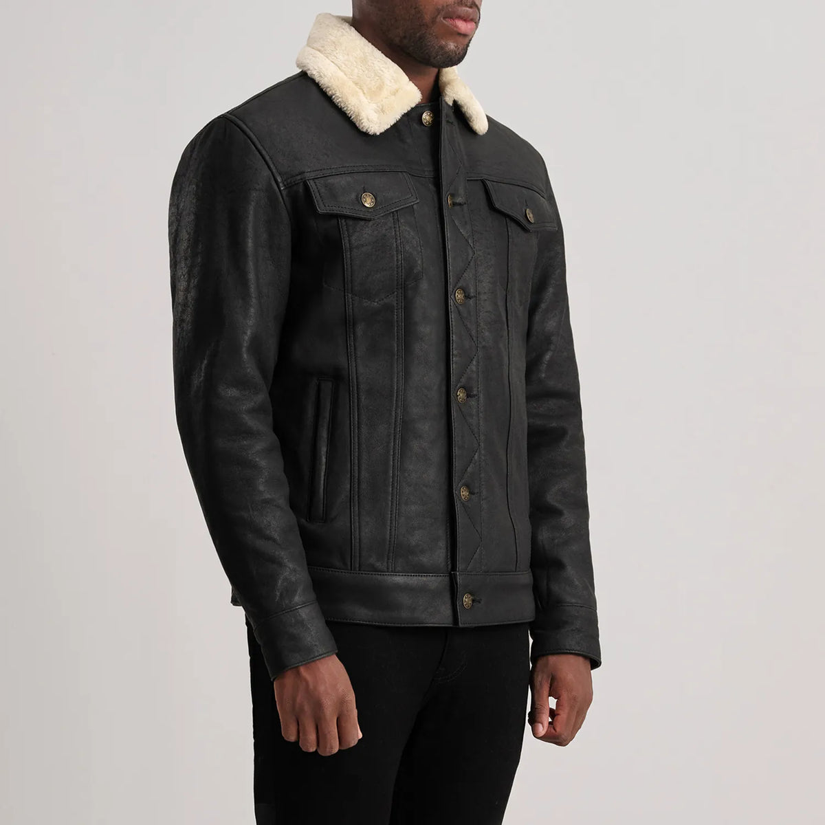 Distressed Black Sheepskin Snuffed Aviator Jacket - Vista posteriore Showing Tailored Shoulder Fit &amp; Clean Hemline