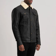 Distressed Black Sheepskin Snuffed Aviator Jacket - Vista posteriore Showing Tailored Shoulder Fit &amp; Clean Hemline