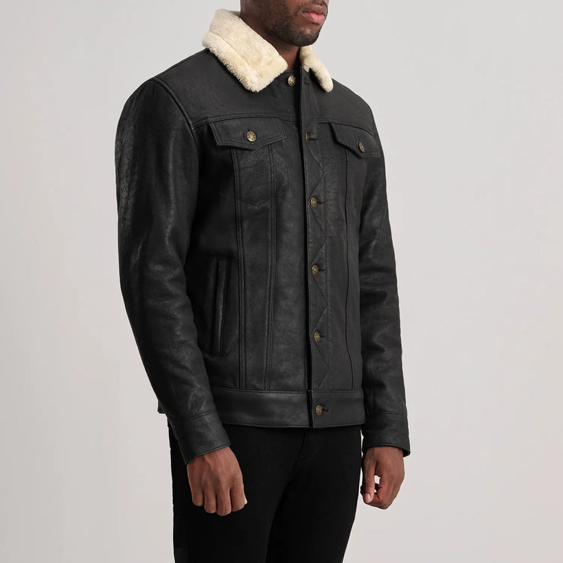 Dallis Effetto Usurato Nero Leather Shearling Trucker Giacca in Pelle da Uomo