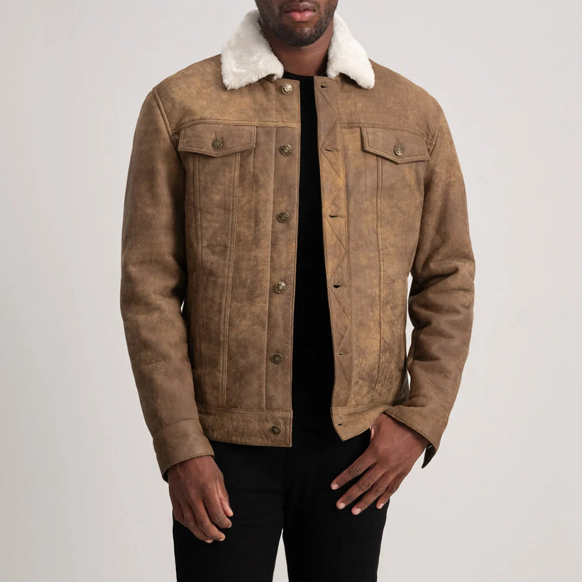 Dallis Effetto Usurato Marrone Leather Shearling Trucker Giacca in Pelle da Uomo