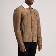 Distressed Brown Sheepskin Snuffed Aviator Jacket - Vista posteriore con spalle sartoriali e orlo pulito