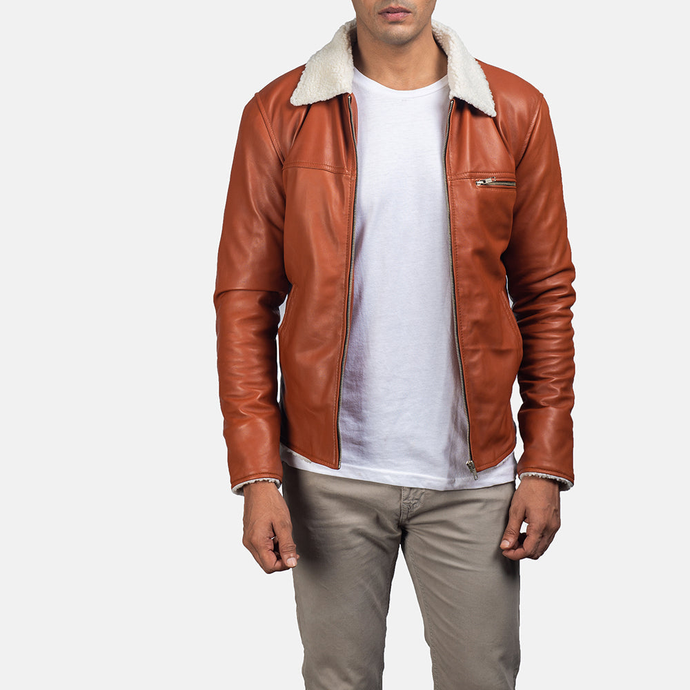 Men's Dan Frost Cuoio Giacca in Shearling da Uomo in Brown Sheepskin Leather - Vista frontale e linea su misura | Acquista online