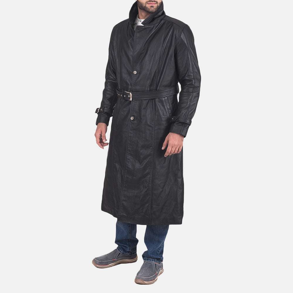 
Black Cowhide Leather Trench Coat - Vista posteriore con spalle definite e orlo pulito