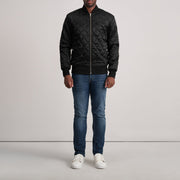 Dettaglio ravvicinato of Varsity &amp; Zipper Hardware on Danson Trapuntato Nero Varsity Giacca in Pelle da Uomo