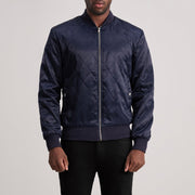 Danson Trapuntato Blu Varsity Giacca in Pelle da Uomo in Blue Satin - Vista frontale e linea su misura | Acquista online