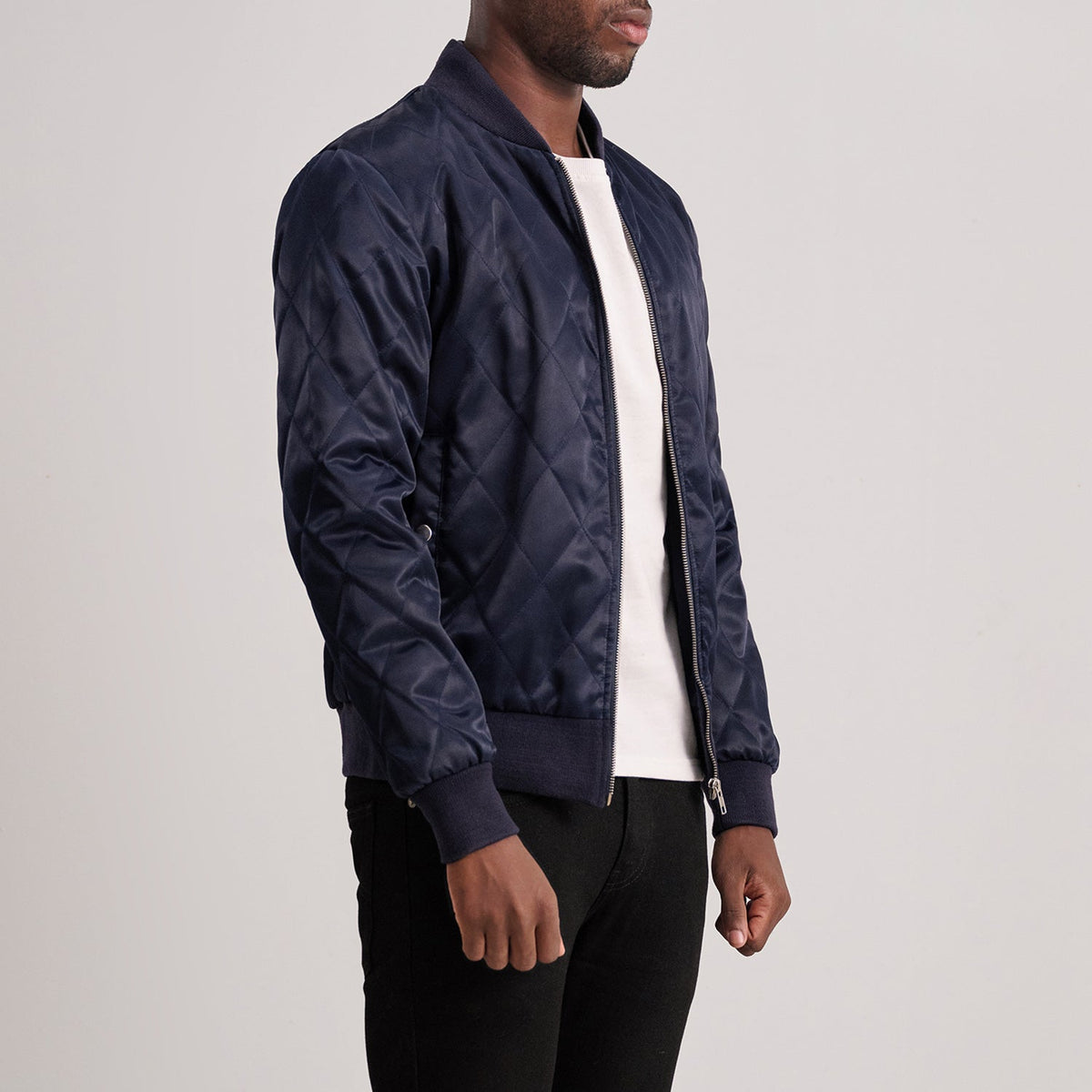 Blue Satin Varsity Jacket - Vista posteriore Showing Tailored Shoulder Fit &amp; Clean Hemline
