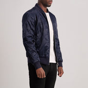 Blue Satin Varsity Jacket - Vista posteriore Showing Tailored Shoulder Fit &amp; Clean Hemline