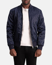 Danson Trapuntato Blu Varsity Giacca in Pelle da Uomo - Lateral Side Profile View Showing Sleeve Cut &amp; Athletic Taper Fit