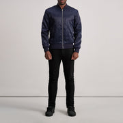 Dettaglio ravvicinato of Varsity &amp; Zipper Hardware on Danson Trapuntato Blu Varsity Giacca in Pelle da Uomo