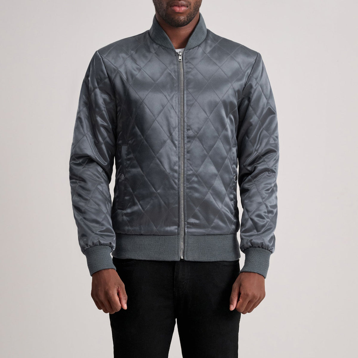 Danson Trapuntato Grigio Varsity Giacca in Pelle da Uomo in Grey Satin - Vista frontale e linea su misura | Acquista online