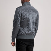 Dettaglio ravvicinato of Varsity &amp; Zipper Hardware on Danson Trapuntato Grigio Varsity Giacca in Pelle da Uomo