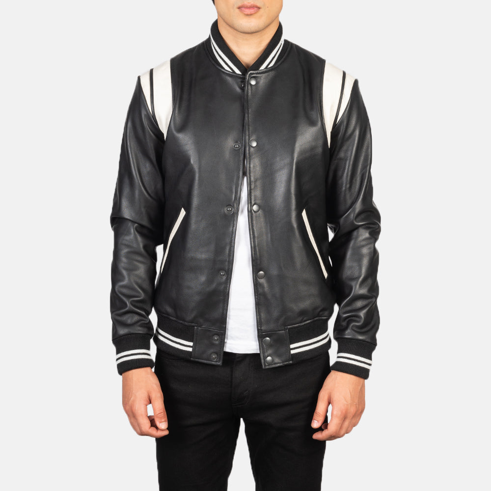 
Dantee Nero Leather Varsity Giacca in Pelle da Uomo in Black & White Sheepskin Leather - Vista frontale e silhouette sartoriale | Acquista online