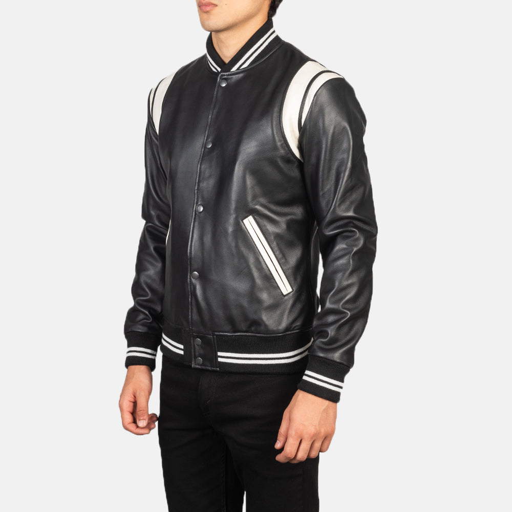 
Black & White Sheepskin Leather Varsity Jacket - Vista posteriore con spalle definite e orlo pulito
