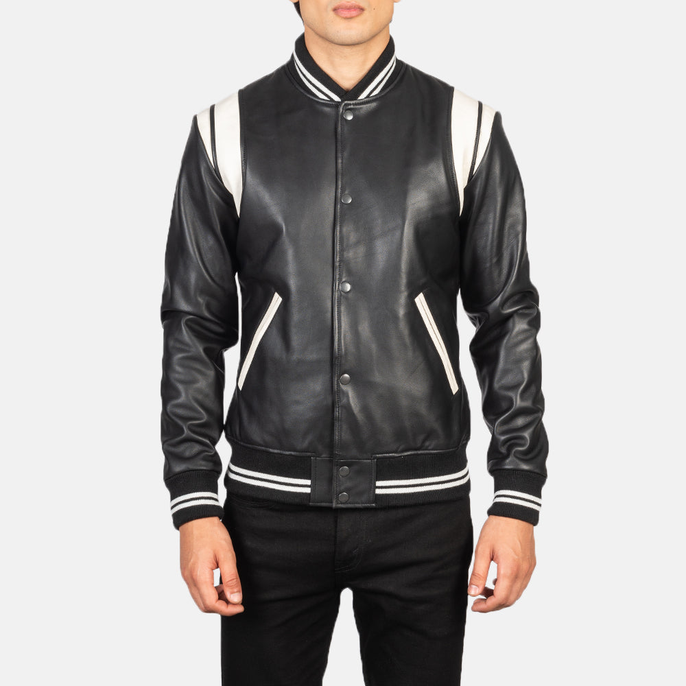 
Dettaglio ravvicinato of Varsity & Snap Buttons Hardware on Dantee Nero Leather Varsity Giacca in Pelle da Uomo