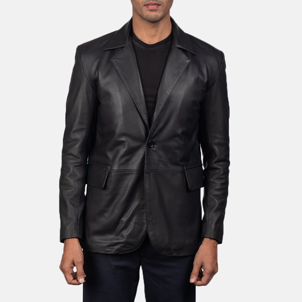 Men's Daron Nero Blazer in Pelle in Pelle da Uomo in Black Sheepskin Leather - Vista frontale e linea su misura | Acquista online