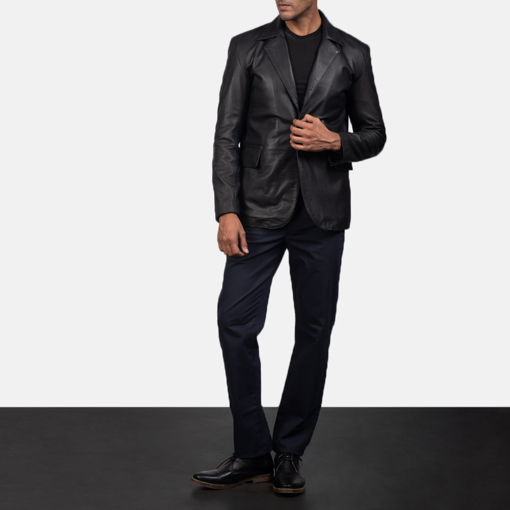 Men's Daron Nero Blazer in Pelle in Pelle da Uomo - Lateral Side Profile View Showing Sleeve Cut &amp; Athletic Taper Fit