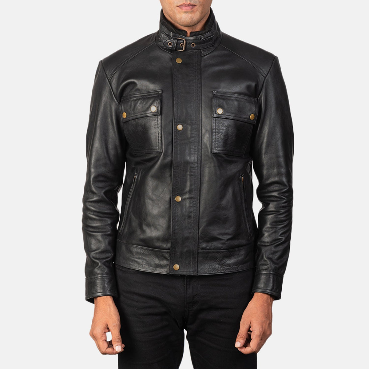 Men's Darren Black Leather Biker Jacket in Black 100% Full-Grain Leather - Vista frontale e linea su misura | Acquista online