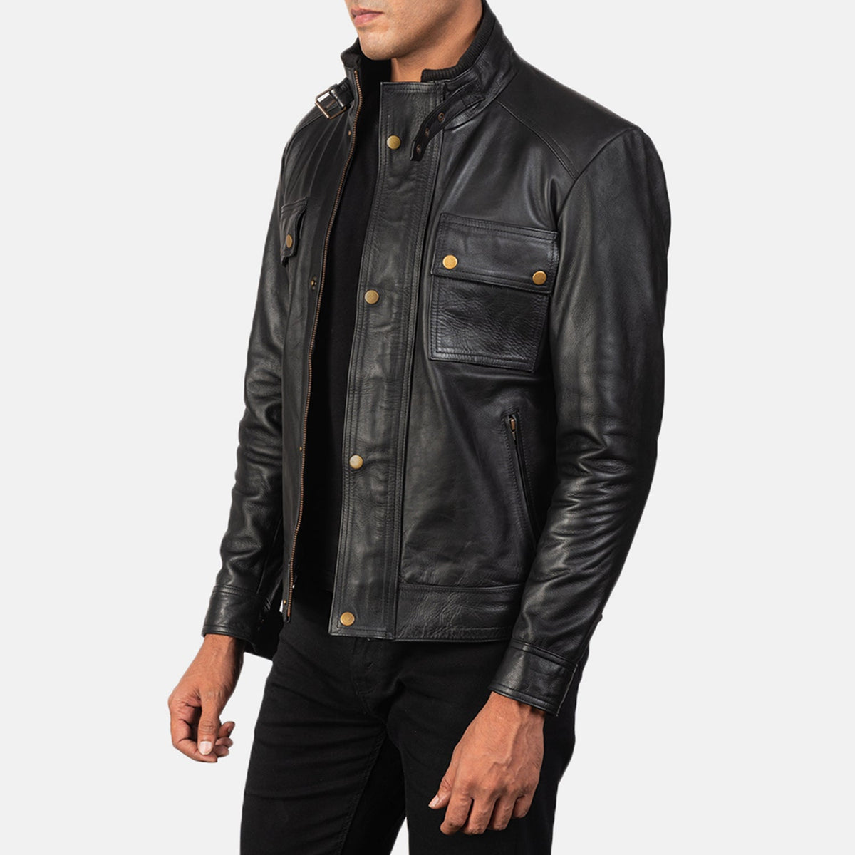 Black 100% Full-Grain Leather Biker Jacket - Vista posteriore Showing Tailored Shoulder Fit &amp; Clean Hemline