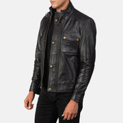 Black 100% Full-Grain Leather Biker Jacket - Vista posteriore Showing Tailored Shoulder Fit &amp; Clean Hemline