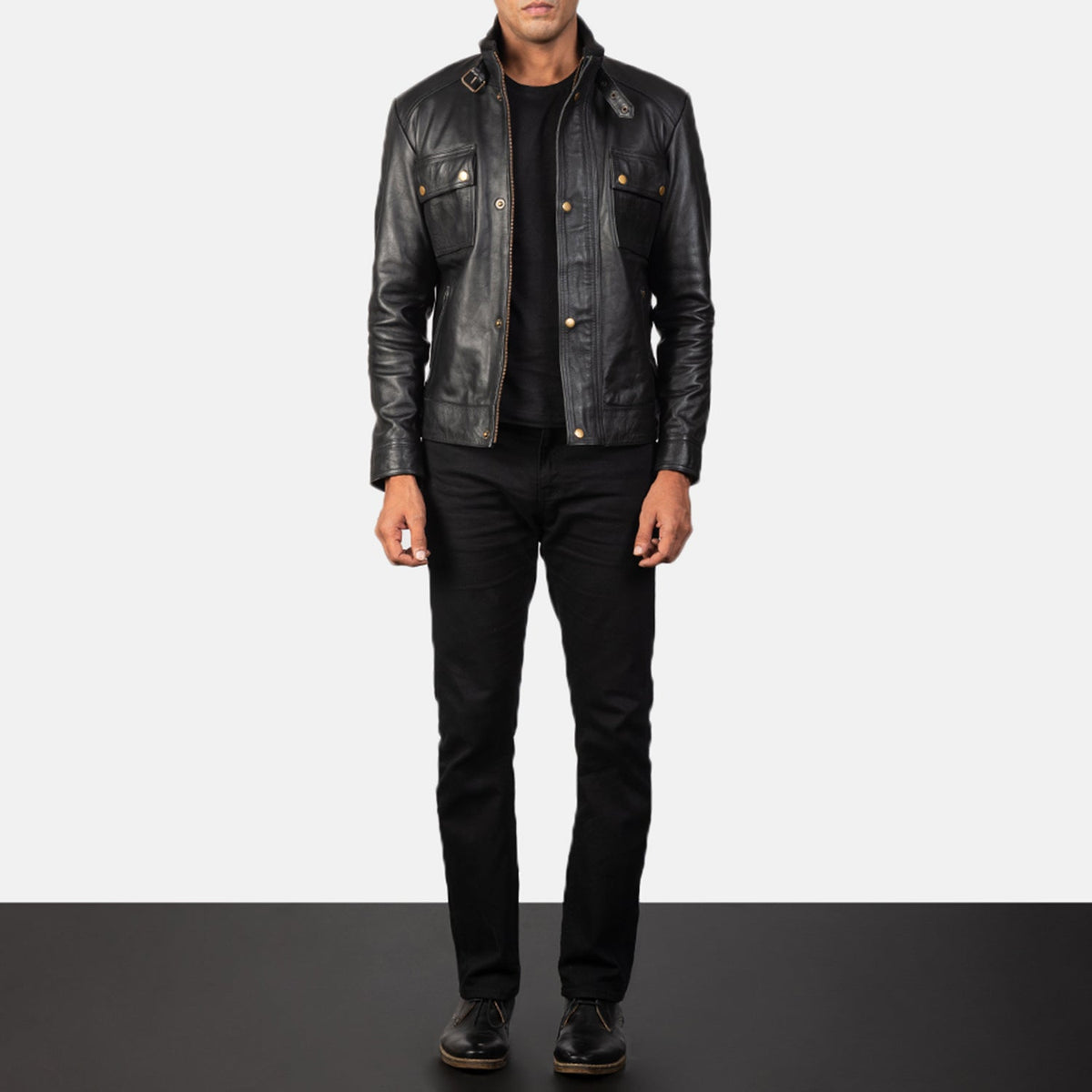 Dettaglio ravvicinato of Classic Collar &amp; Heavy-Duty Zipper Hardware on Men's Darren Black Leather Biker Jacket