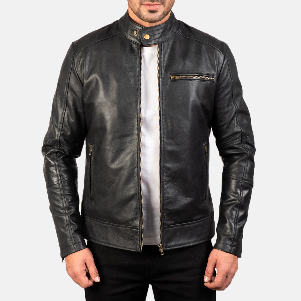 Dean Nero Giacca Biker in Pelle da Uomo in Black Cow Hide Leather - Vista frontale e linea su misura | Acquista online