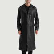 Delmar Black Leather Double Breasted Coat in Black Cowhide Leather - Vista frontale e linea su misura | Acquista online