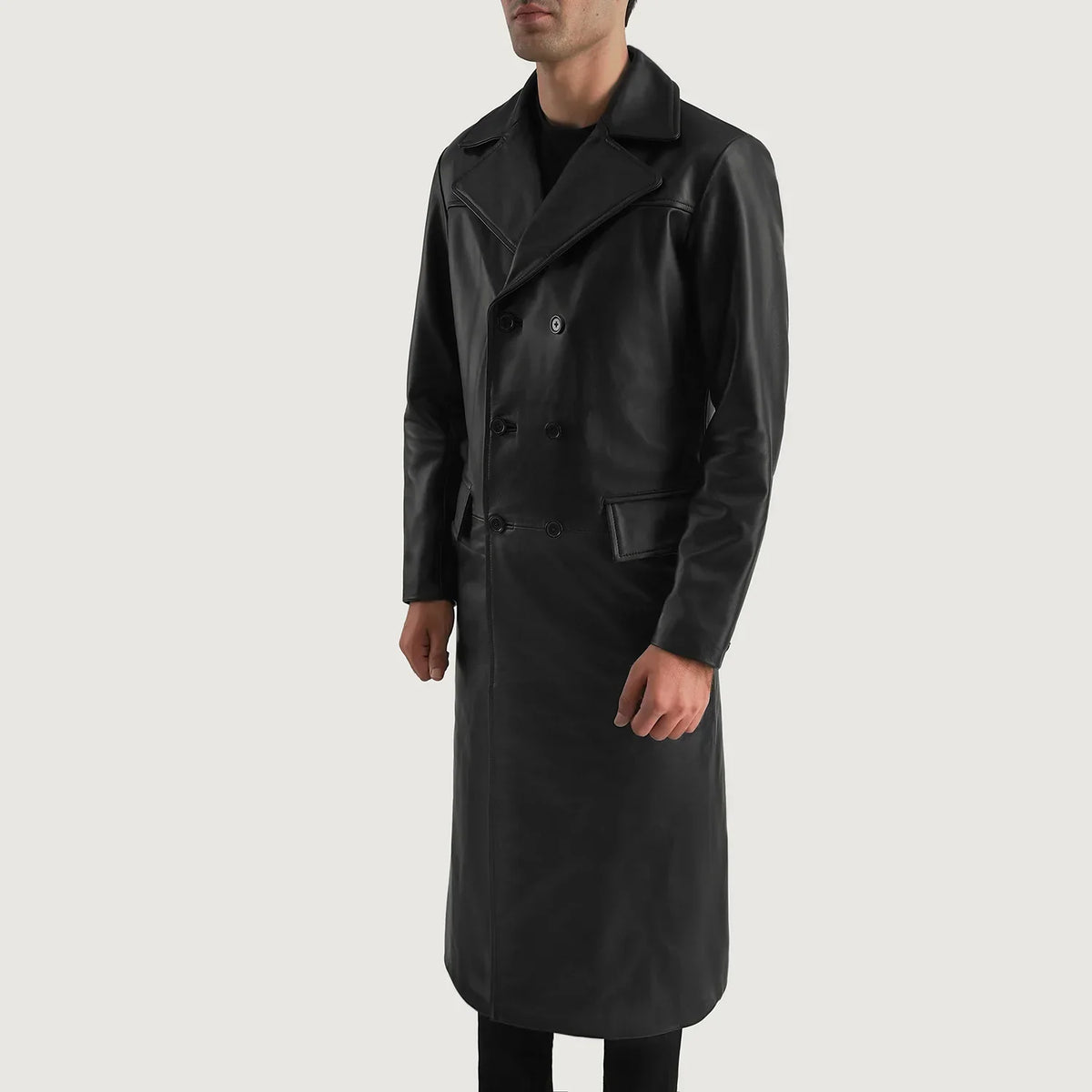 Black Cowhide leather Coat - Vista posteriore Showing Tailored Shoulder Fit &amp; Clean Hemline