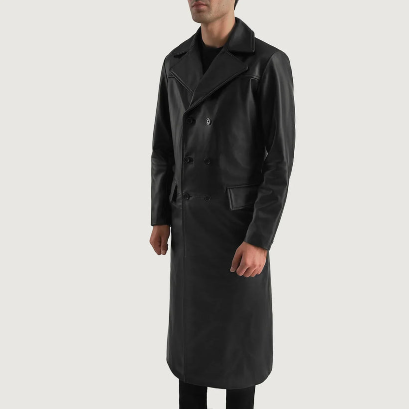 Delmar Nero Leather Double-Breasted Cappotto in Pelle da Uomo