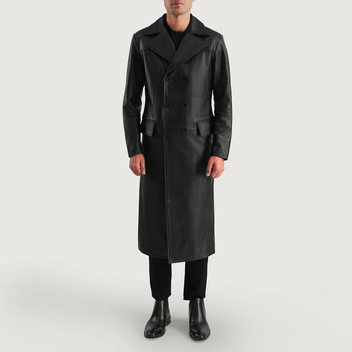 Delmar Black Leather Double Breasted Coat - Lateral Side Profile View Showing Sleeve Cut &amp; Athletic Taper Fit