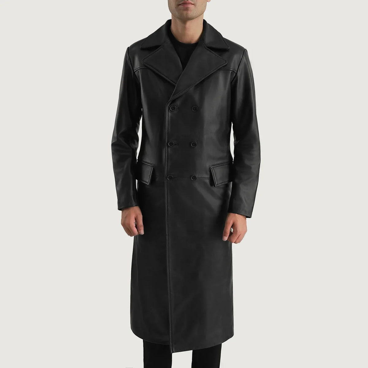 Dettaglio ravvicinato of Notch &amp; Button Hardware on Delmar Black Leather Double Breasted Coat