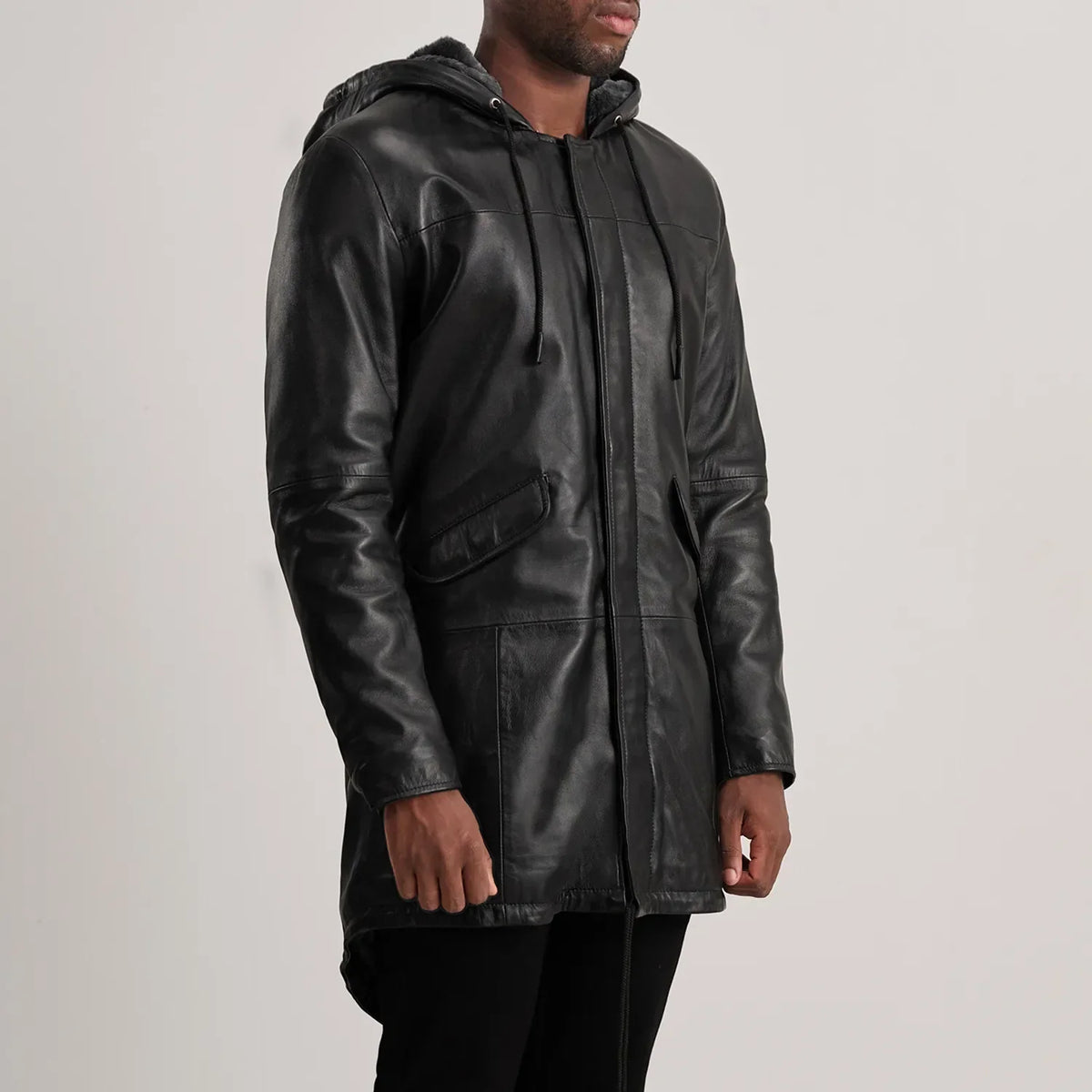 Tan Brown Sheepskin Leather Hooded Jacket - Vista posteriore Showing Tailored Shoulder Fit &amp; Clean Hemline