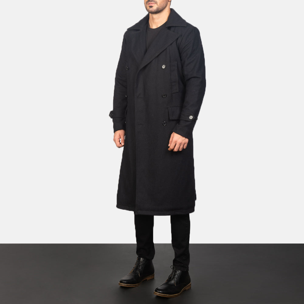 
Black Synthetic Wool Trench Coat - Vista posteriore con spalle definite e orlo pulito