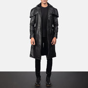 Men's Deux Nero Leather Duster da Uomo in Black Cowhide Leather - Vista frontale e linea su misura | Acquista online