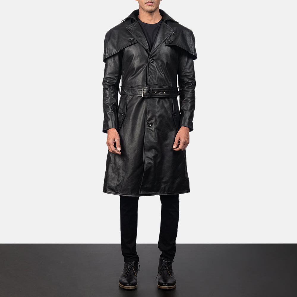 Black Cowhide Leather Trench Coat - Vista posteriore Showing Tailored Shoulder Fit &amp; Clean Hemline