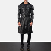 Black Cowhide Leather Trench Coat - Vista posteriore Showing Tailored Shoulder Fit &amp; Clean Hemline