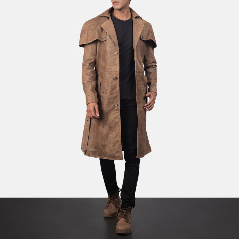 Deux Marrone Leather Duster da Uomo