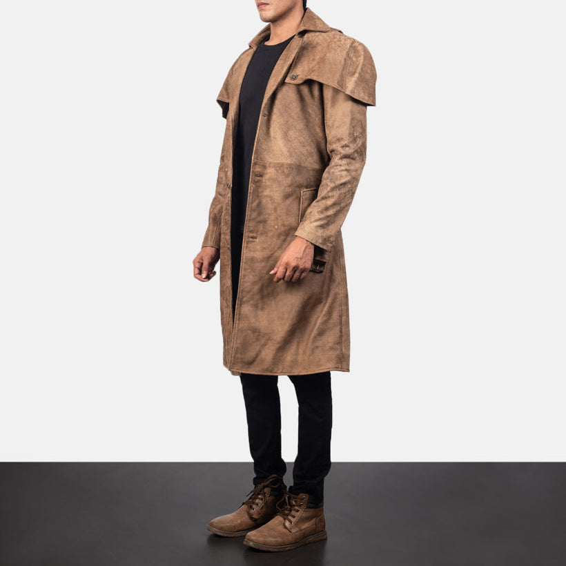 Deux Marrone Leather Duster da Uomo