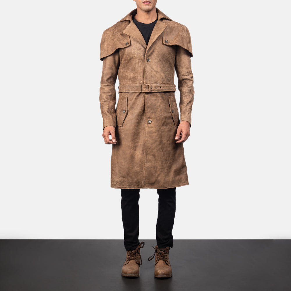 
Dettaglio ravvicinato of Classic Collar & Buttons + Belt Hardware on Deux Marrone Leather Duster da Uomo
