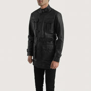 Black Cowhide leather Coat - Vista posteriore Showing Tailored Shoulder Fit &amp; Clean Hemline