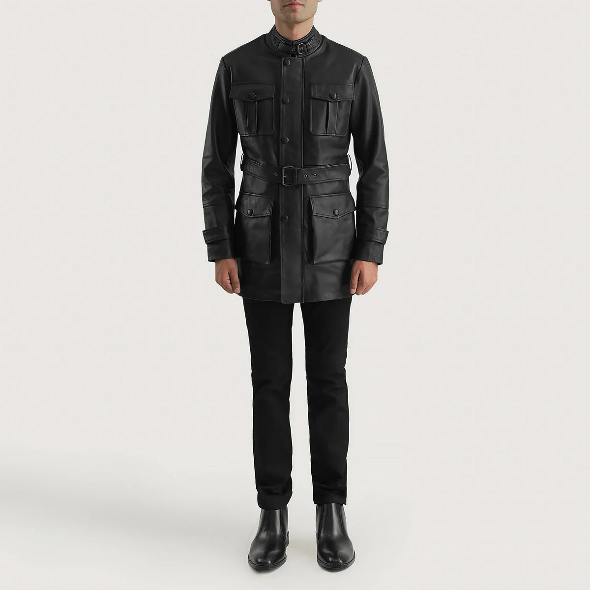 Dolf Nero Giacca in Pelle da Uomo - Lateral Side Profile View Showing Sleeve Cut &amp; Athletic Taper Fit