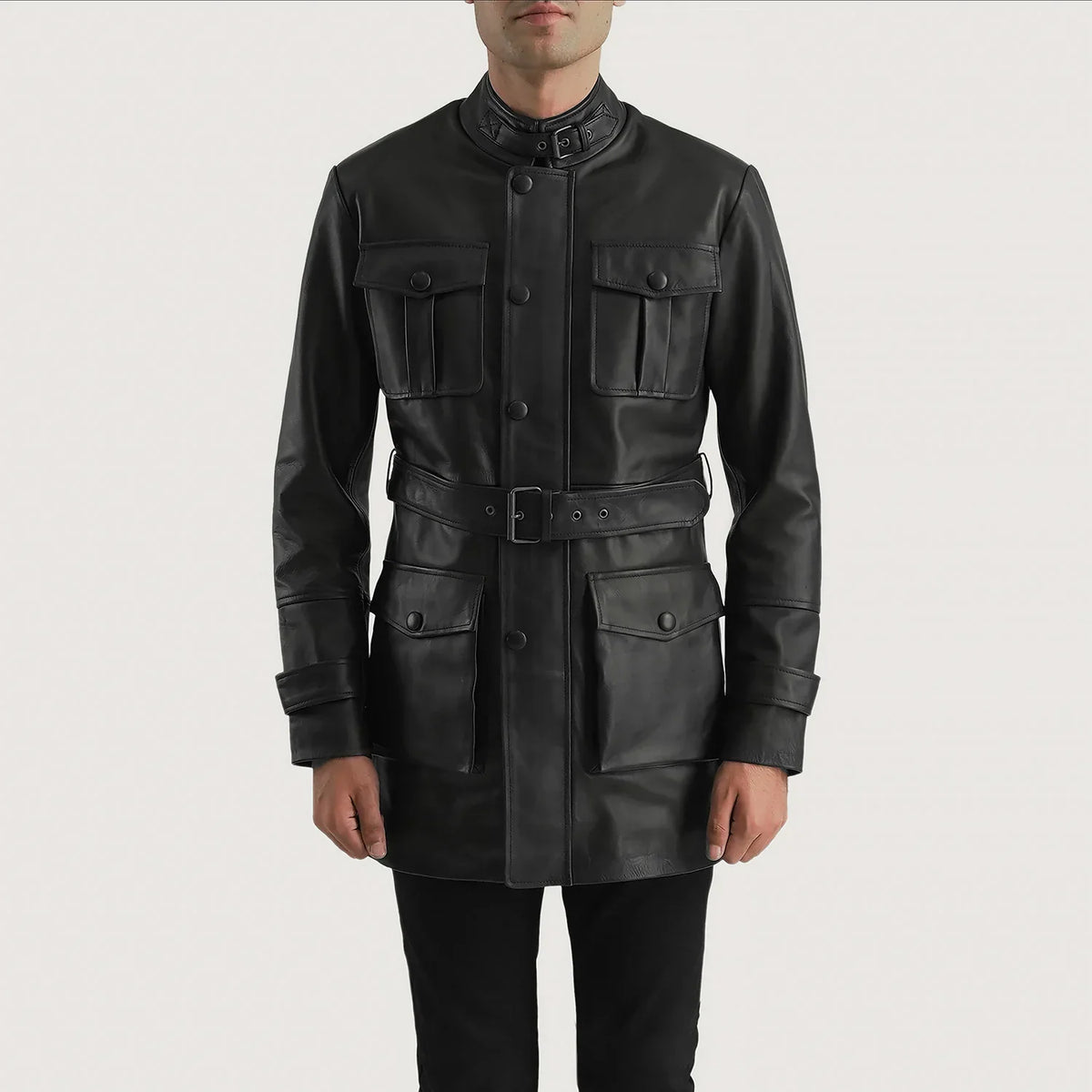 Dettaglio ravvicinato of High neck with Belt &amp; Snap button Hardware on Dolf Nero Giacca in Pelle da Uomo