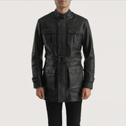 Dettaglio ravvicinato of High neck with Belt &amp; Snap button Hardware on Dolf Nero Giacca in Pelle da Uomo