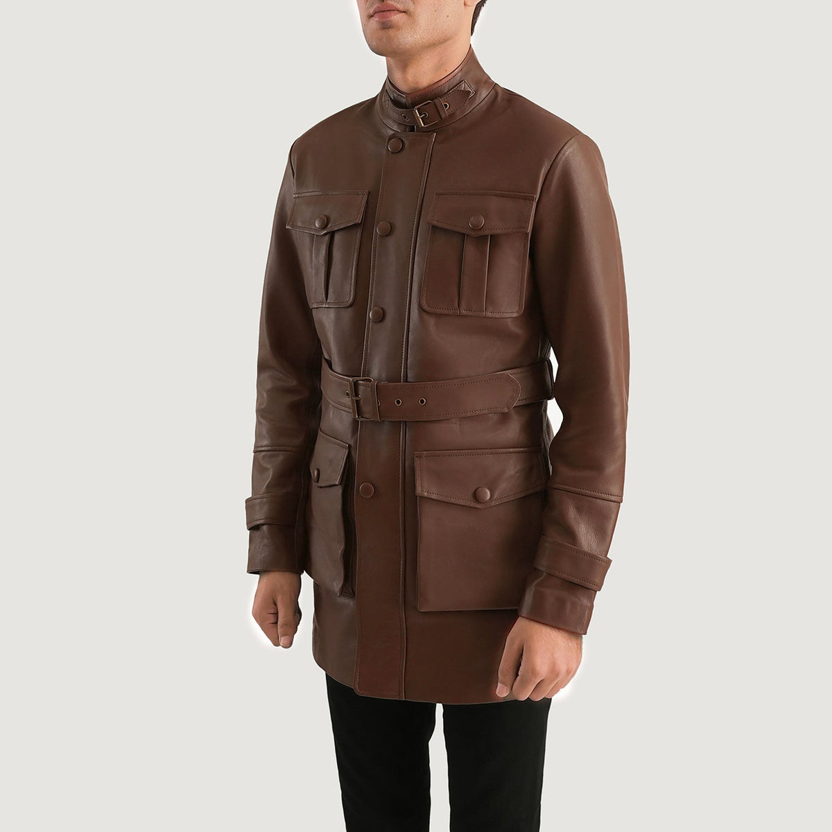 
Brown Cowhide leather Jacket - Vista posteriore con spalle definite e orlo pulito