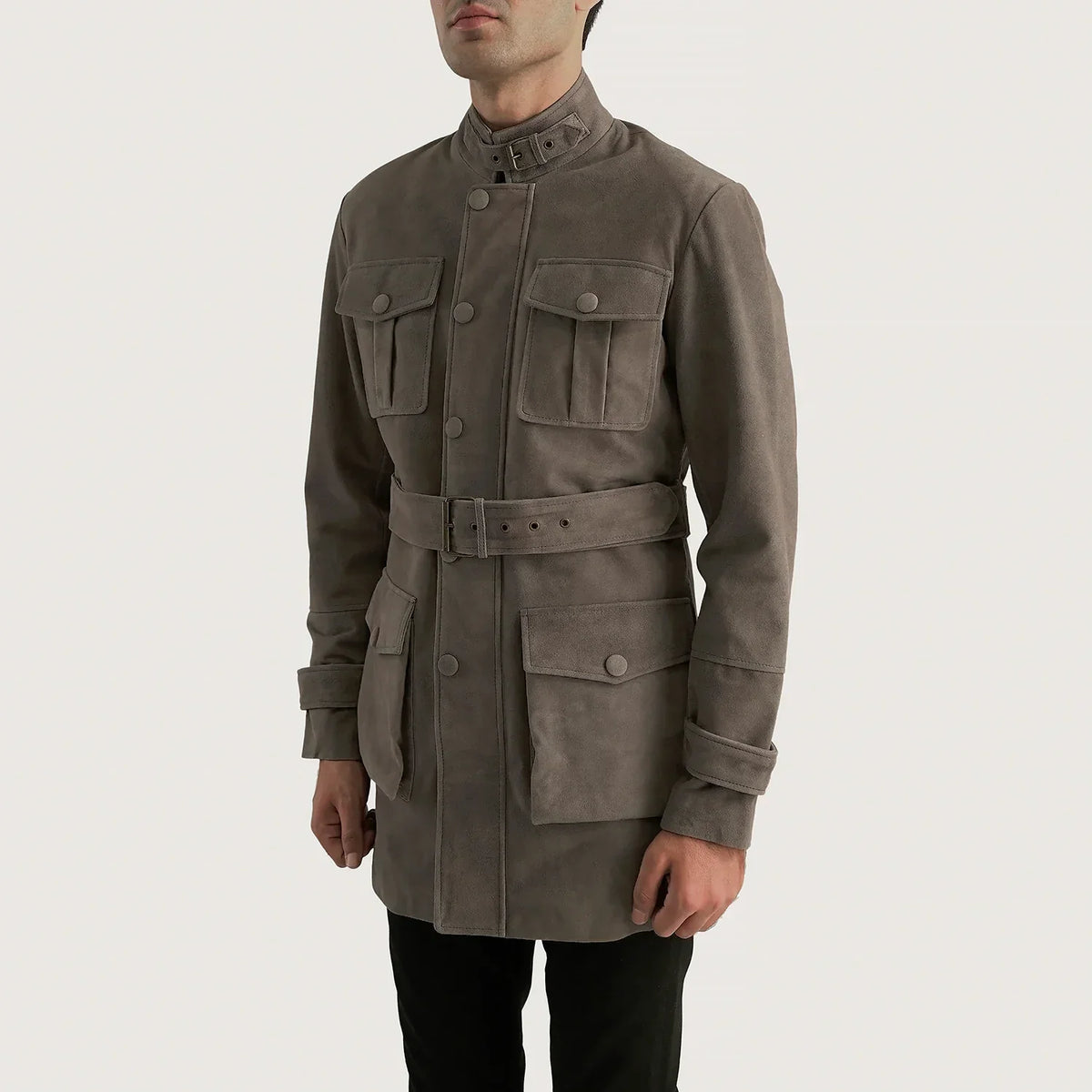 Grey Cowhide suede Jacket - Vista posteriore Showing Tailored Shoulder Fit &amp; Clean Hemline