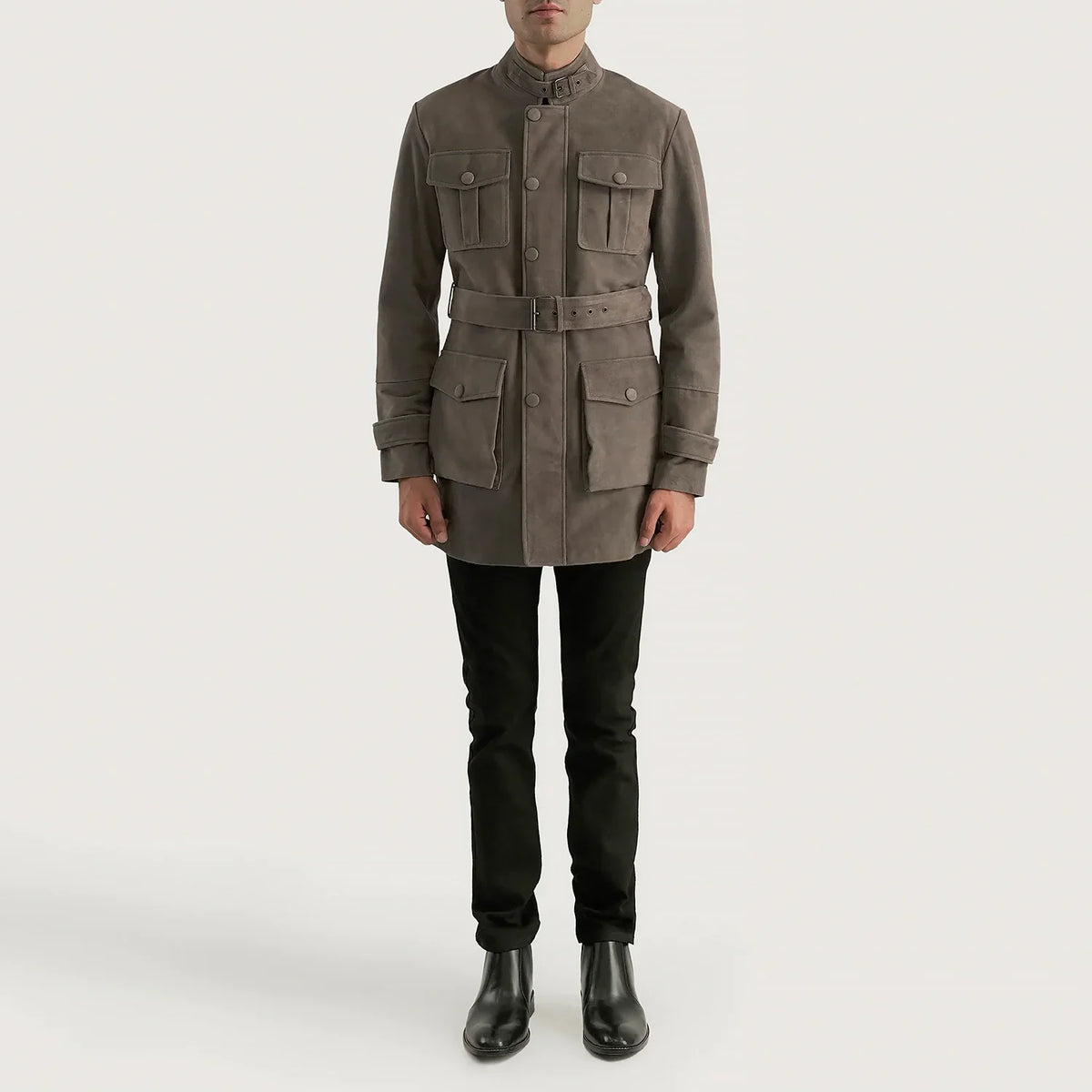 Dolf Grigio Giacca Scamosciata da Uomo - Lateral Side Profile View Showing Sleeve Cut &amp; Athletic Taper Fit