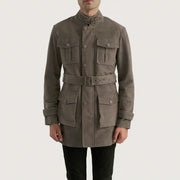 Dettaglio ravvicinato of High neck with Belt &amp; Snap button Hardware on Dolf Grigio Giacca Scamosciata da Uomo