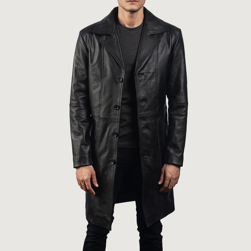Don Long Nero Cappotto in Pelle da Uomo