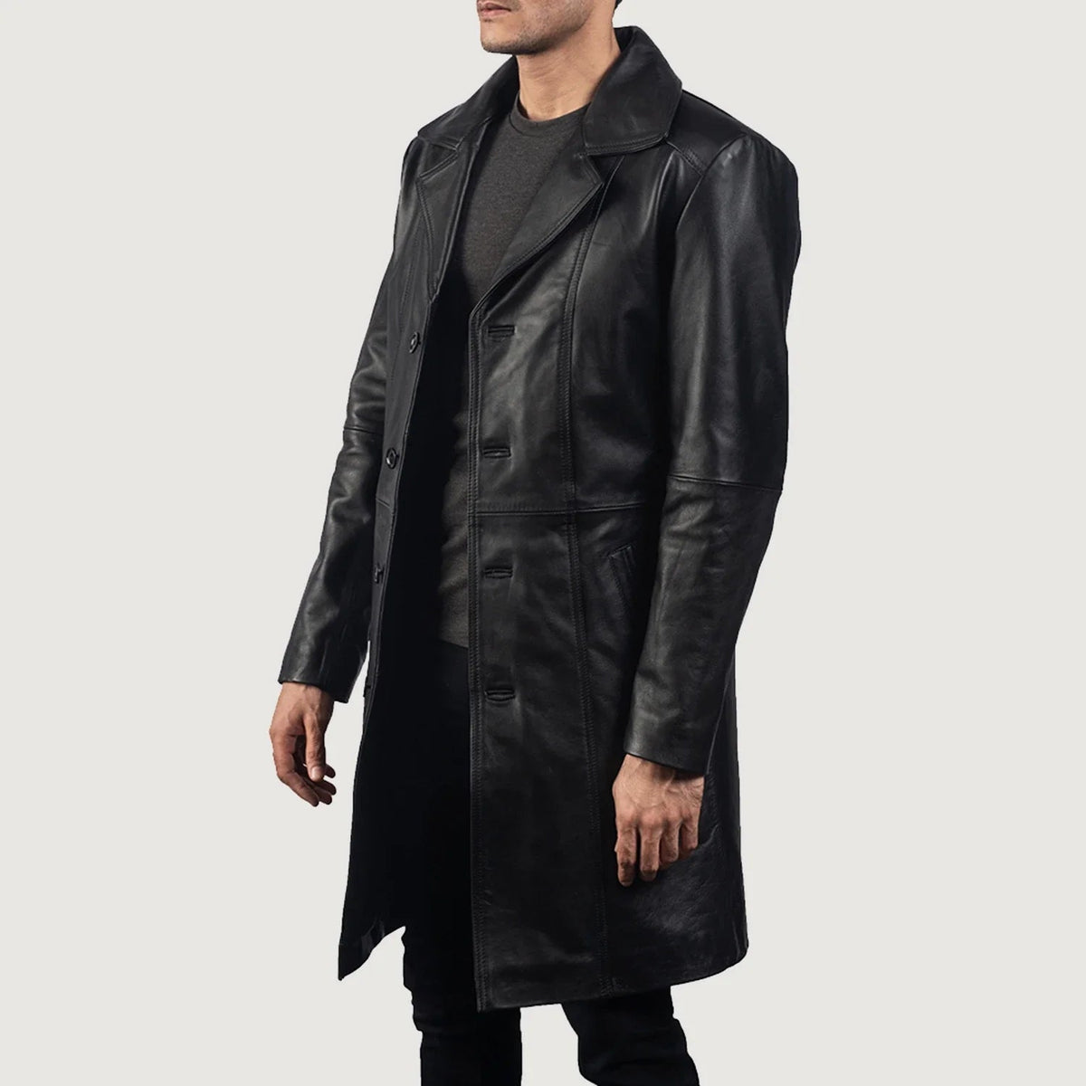 Black Cowhide leather Coat - Vista posteriore Showing Tailored Shoulder Fit &amp; Clean Hemline